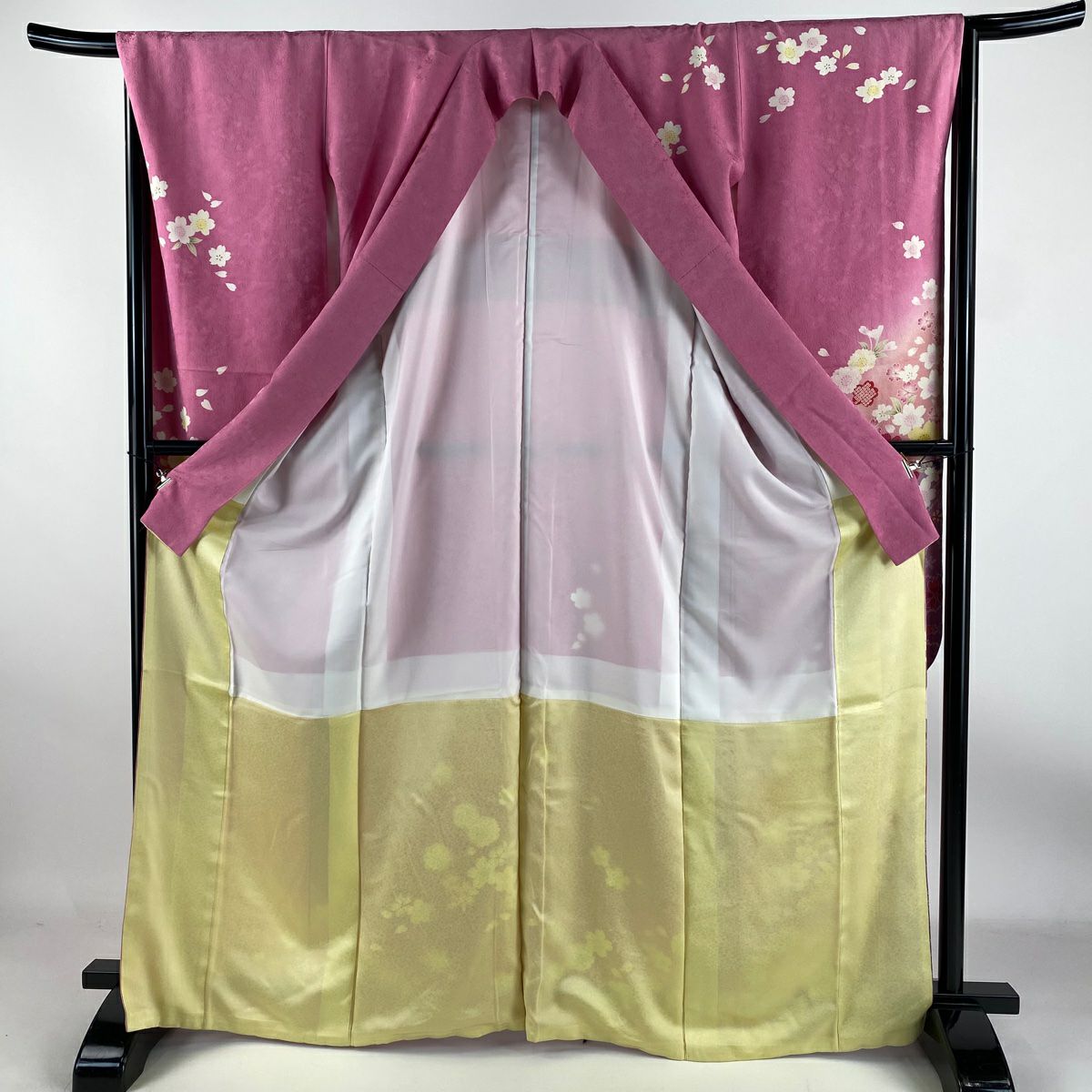 【庫存清倉】振袖禮服 身長165cm 袖長67cm M 雙層 櫻花 菊花花 金銀彩 漸層 粉紅 純蠶絲 名品級