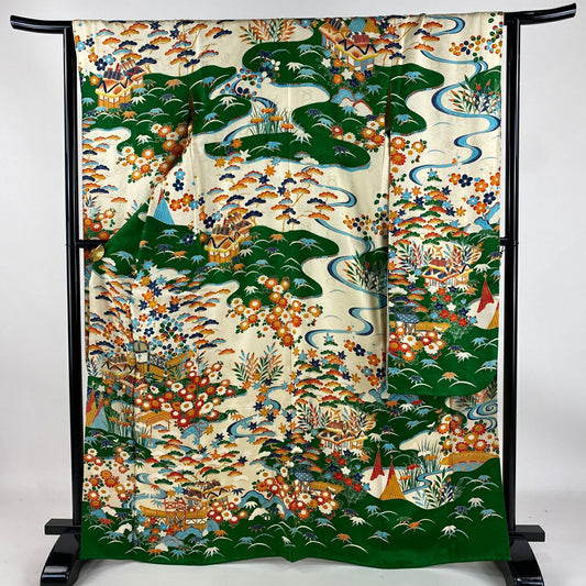 【庫存清倉】振袖禮服 身長165.5cm 袖長65cm M 雙層 風景 松樹竹子梅花 金銀彩 刺繡 奶油色 純蠶絲 名品級