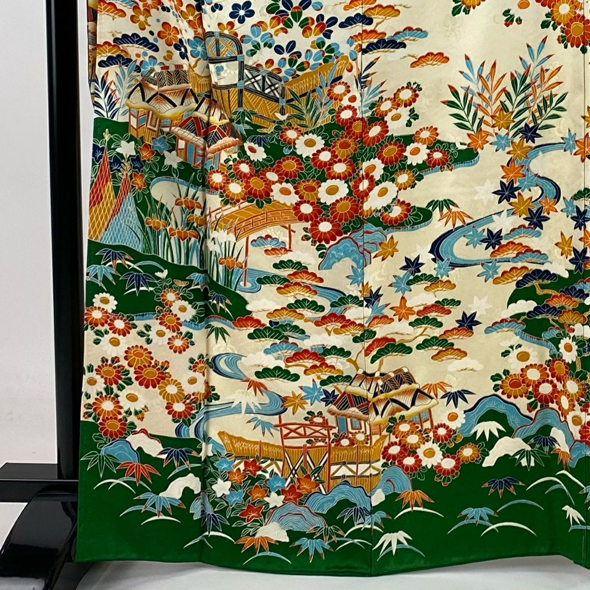 【庫存清倉】振袖禮服 身長165.5cm 袖長65cm M 雙層 風景 松樹竹子梅花 金銀彩 刺繡 奶油色 純蠶絲 名品級