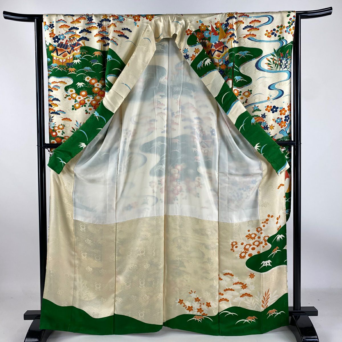 【庫存清倉】振袖禮服 身長165.5cm 袖長65cm M 雙層 風景 松樹竹子梅花 金銀彩 刺繡 奶油色 純蠶絲 名品級