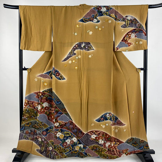 【庫存清倉】訪問服 身長160.5cm 袖長68cm L 雙層 落款有 辻花染圖案 絞織 漸層 山吹色 純蠶絲 名品級