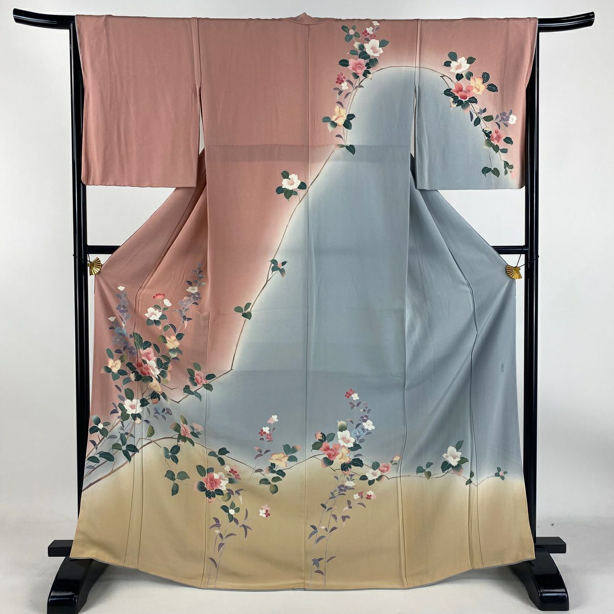 【庫存清倉】訪問服 身長169cm 袖長66cm M 雙層 落款有 枝花 草花紋紋 漸層 染分 粉紅 純蠶絲 名品級