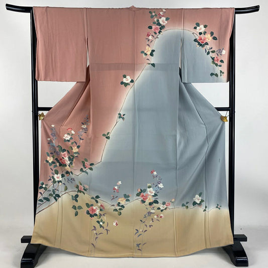 【庫存清倉】訪問服 身長169cm 袖長66cm M 雙層 落款有 枝花 草花紋紋 漸層 染分 粉紅 純蠶絲 名品級