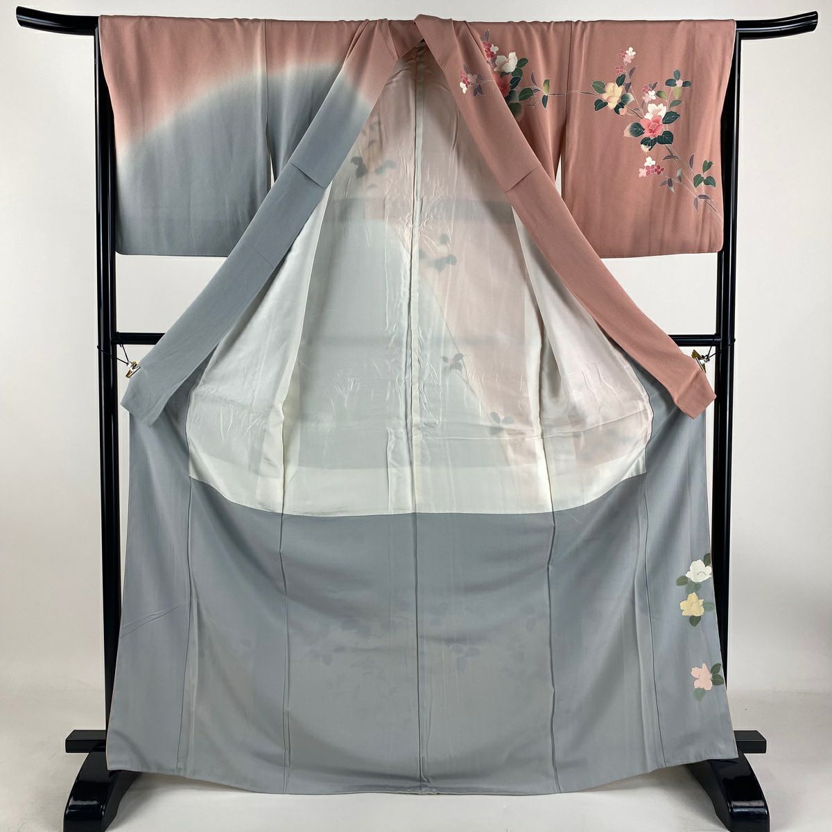 【庫存清倉】訪問服 身長169cm 袖長66cm M 雙層 落款有 枝花 草花紋紋 漸層 染分 粉紅 純蠶絲 名品級
