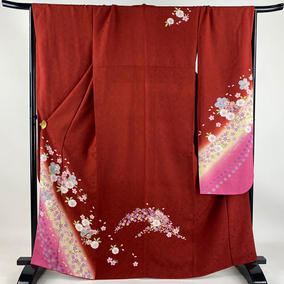 【庫存清倉】振袖禮服 身長163.5cm 袖長67cm M 雙層櫻花手毬漸層紅色 純蠶絲 美品 名品級