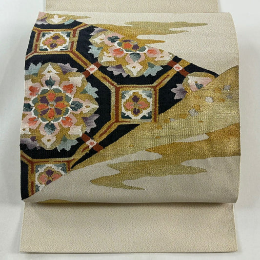 【庫存清倉】 名古屋帶 名品級 八寸名古屋帶 松樹葉仕立 蜀江華紋 霞 金銀彩 奶油色 純蠶絲