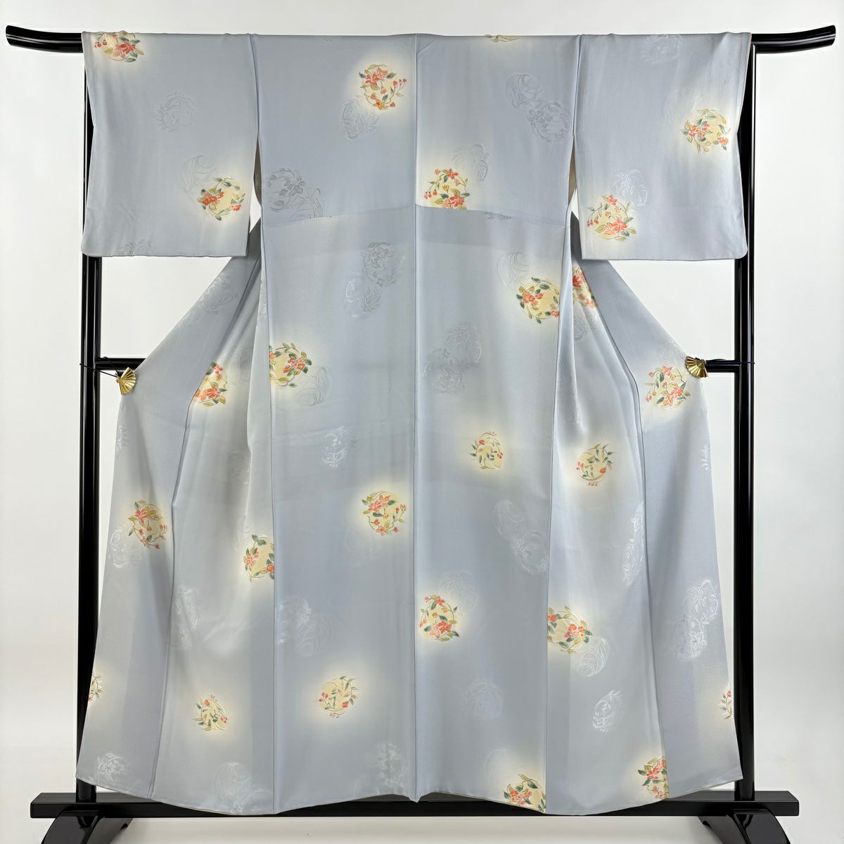 【庫存清倉】 小紋 身長155.5cm 袖長61cm S 雙層 花丸紋 地紋 漸層 青灰 純蠶絲 優品級