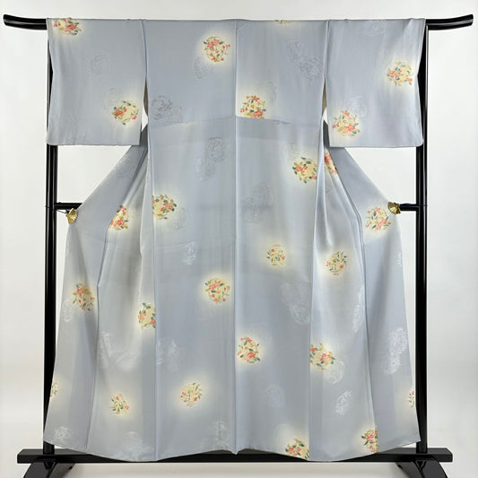 【庫存清倉】 小紋 身長155.5cm 袖長61cm S 雙層 花丸紋 地紋 漸層 青灰 純蠶絲 優品級