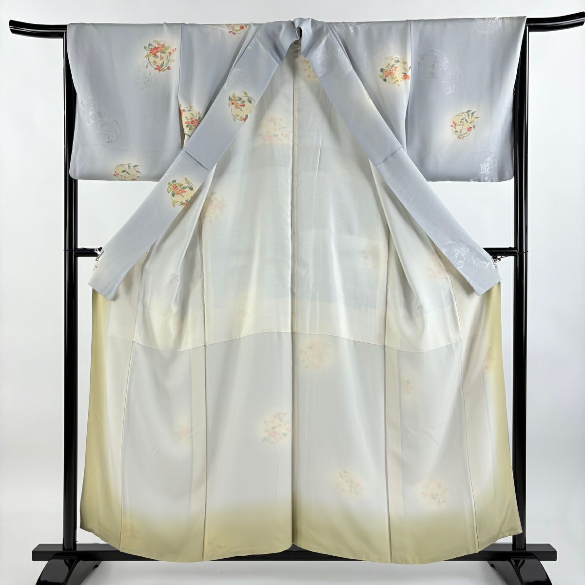 【庫存清倉】 小紋 身長155.5cm 袖長61cm S 雙層 花丸紋 地紋 漸層 青灰 純蠶絲 優品級