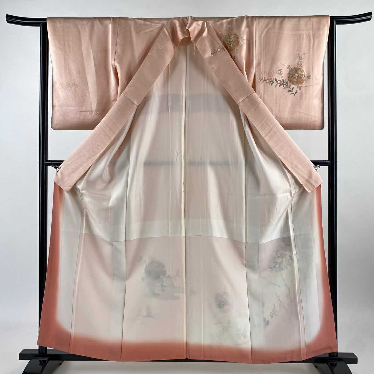 【庫存清倉】訪問服 身長158cm 袖長64cm M 雙層 雪輪 ヱ霞 金銀彩 刺繡 粉紅 純蠶絲 優品級