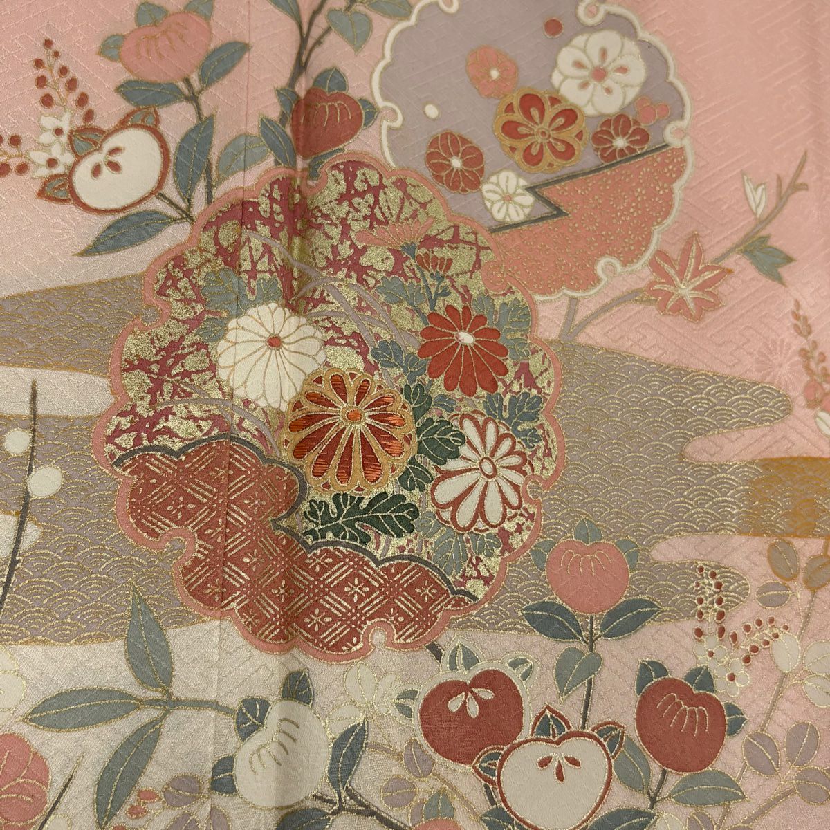 【庫存清倉】訪問服 身長158cm 袖長64cm M 雙層 雪輪 ヱ霞 金銀彩 刺繡 粉紅 純蠶絲 優品級