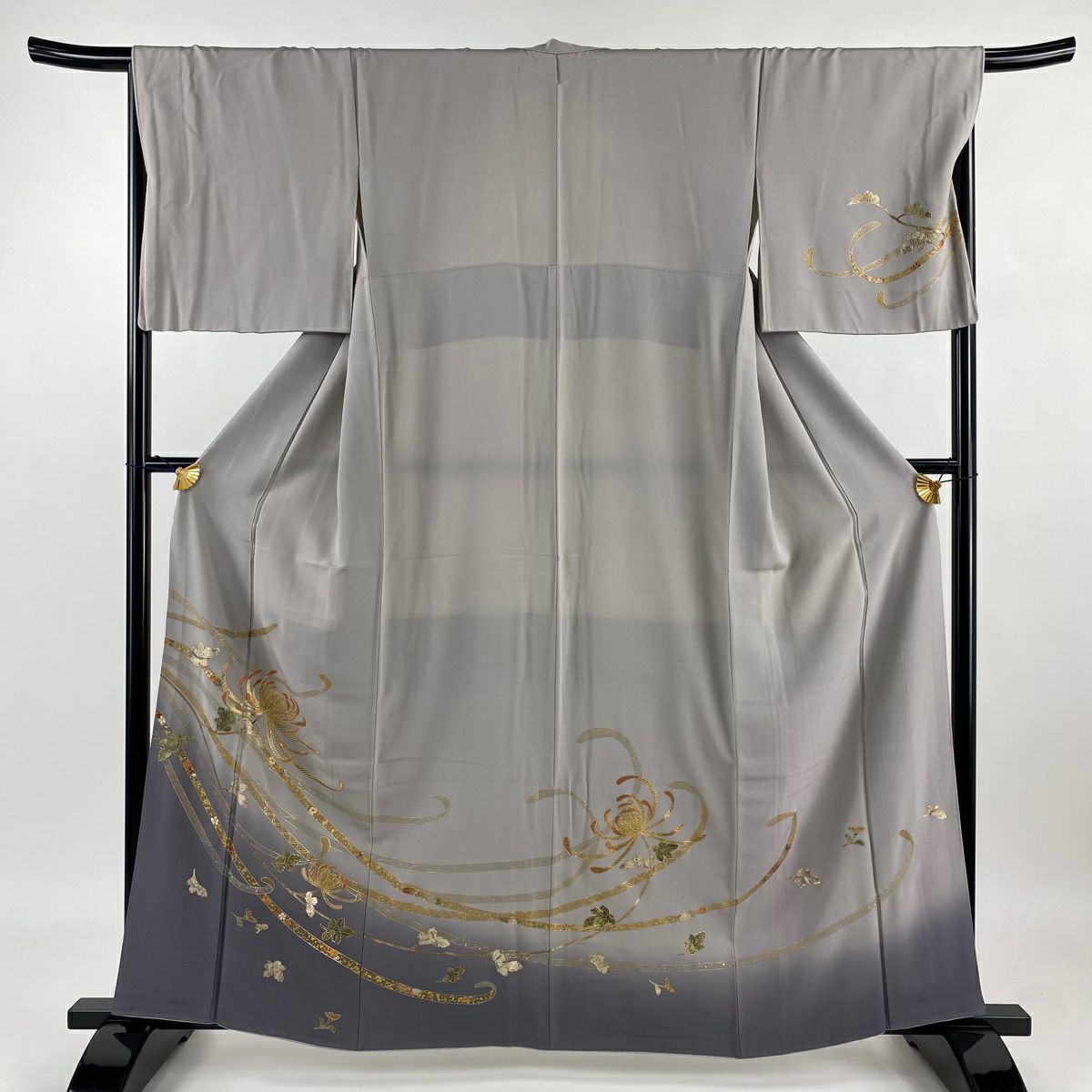 【庫存清倉】 付下 身長161cm 袖長67.5cm L 雙層 菊花花 蔓帶 金銀彩 刺繡 灰 純蠶絲 優品級