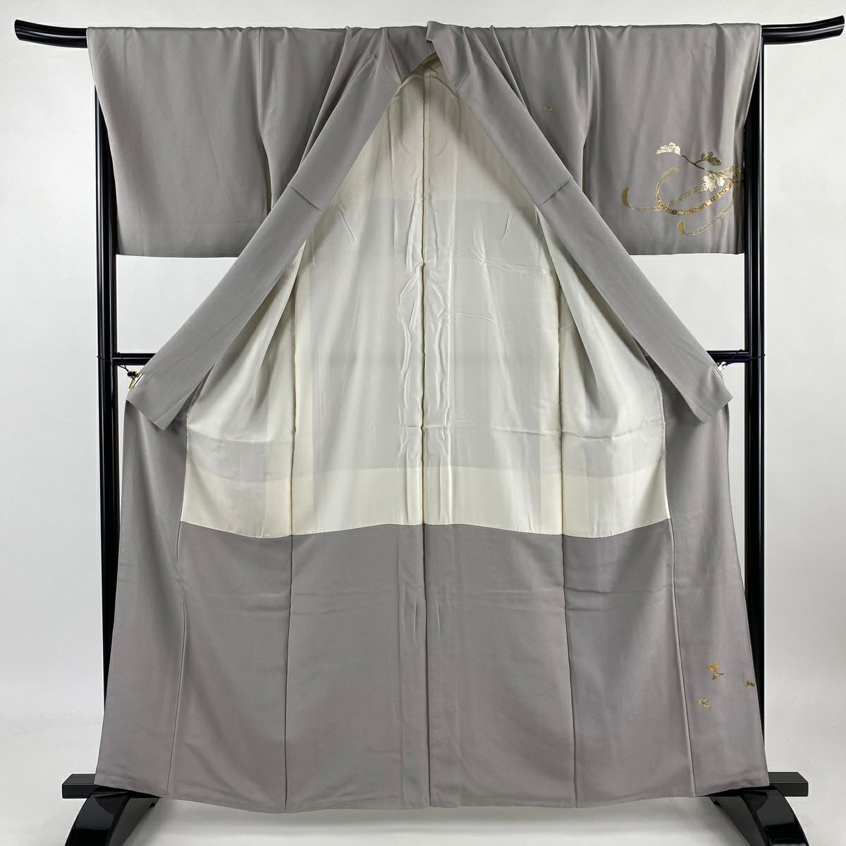 【庫存清倉】 付下 身長161cm 袖長67.5cm L 雙層 菊花花 蔓帶 金銀彩 刺繡 灰 純蠶絲 優品級