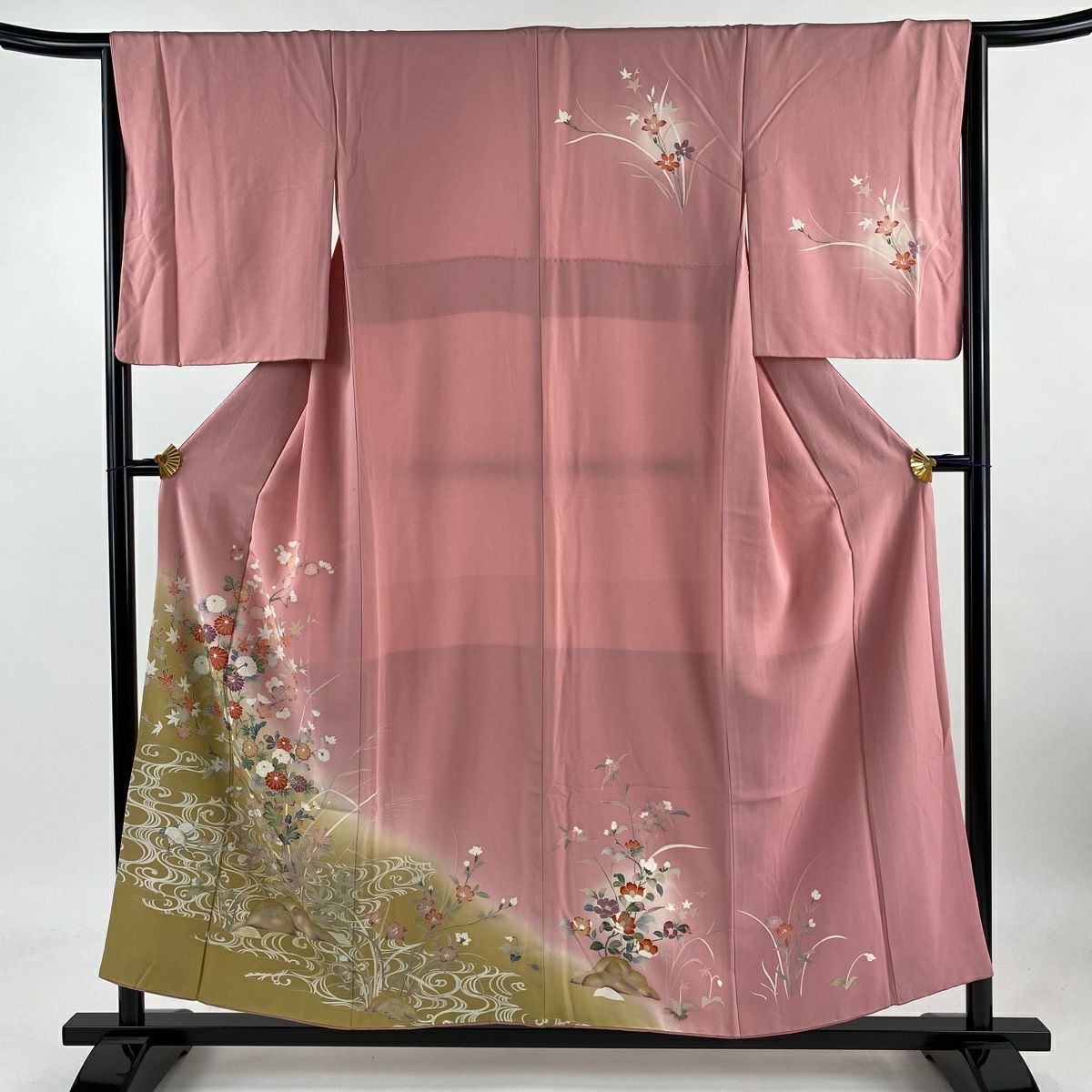 【庫存清倉】訪問服 身長155cm 袖長64.5cm M 雙層 仙鶴 菊花 金銀彩 染分 粉紅 純蠶絲 優品級