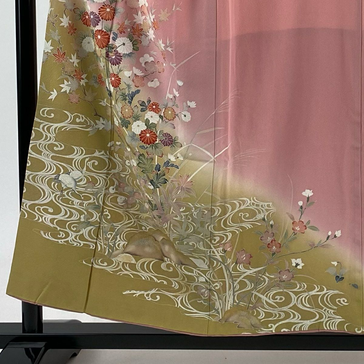 【庫存清倉】訪問服 身長155cm 袖長64.5cm M 雙層 仙鶴 菊花 金銀彩 染分 粉紅 純蠶絲 優品級