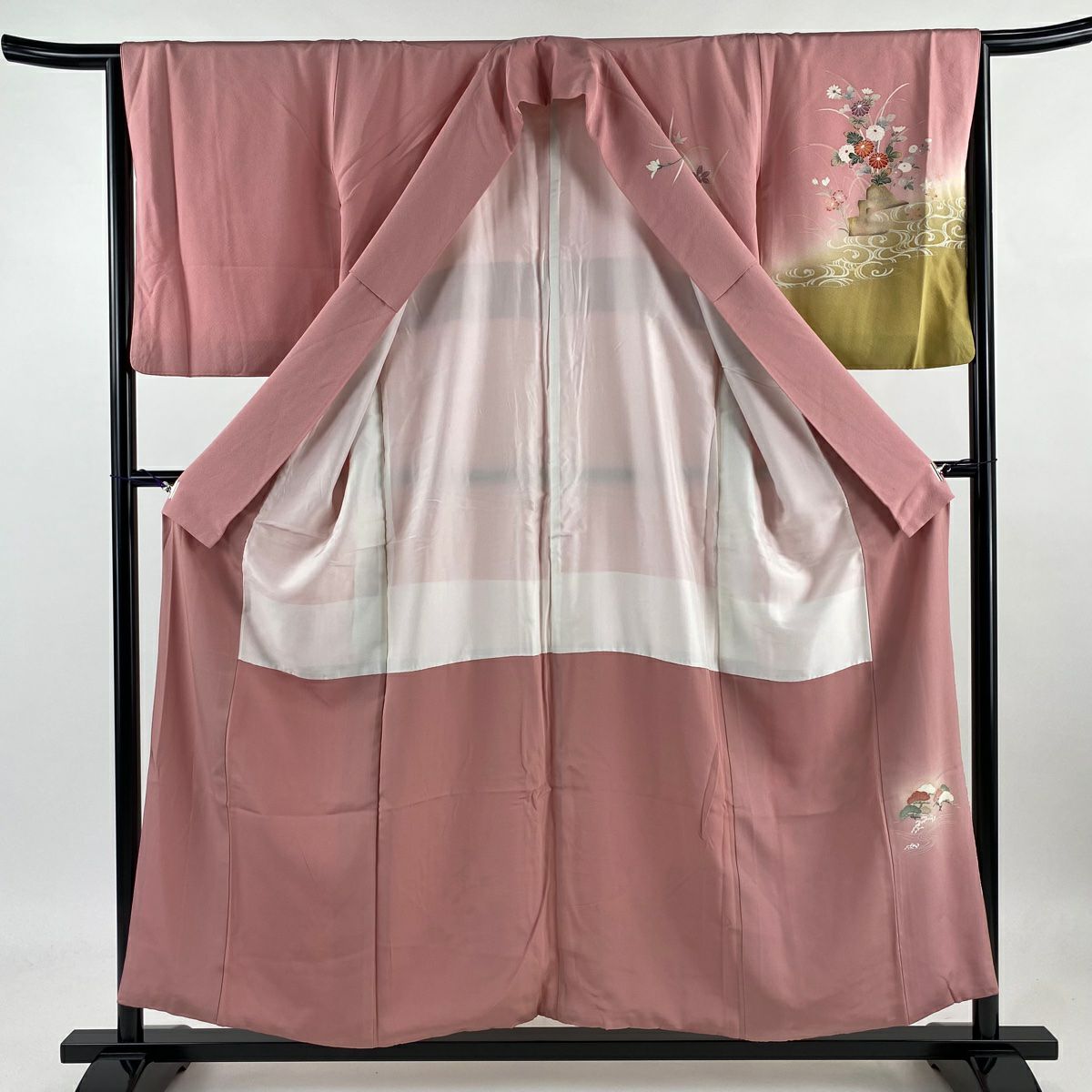【庫存清倉】訪問服 身長155cm 袖長64.5cm M 雙層 仙鶴 菊花 金銀彩 染分 粉紅 純蠶絲 優品級