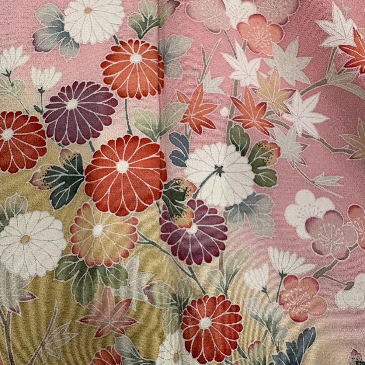 【庫存清倉】訪問服 身長155cm 袖長64.5cm M 雙層 仙鶴 菊花 金銀彩 染分 粉紅 純蠶絲 優品級