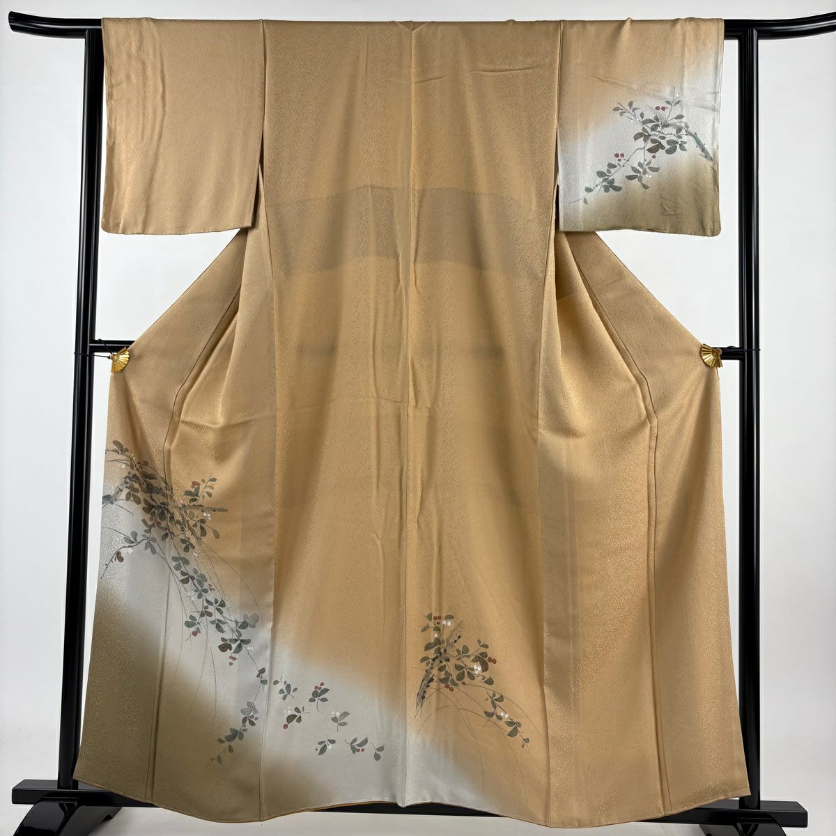 【庫存清倉】 付下 身長159cm 袖長62.5cm S 雙層 枝葉 地紋 金彩裝飾 漸層 淺茶 純蠶絲 優品級