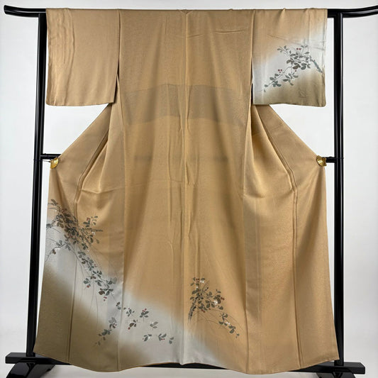 【庫存清倉】 付下 身長159cm 袖長62.5cm S 雙層 枝葉 地紋 金彩裝飾 漸層 淺茶 純蠶絲 優品級