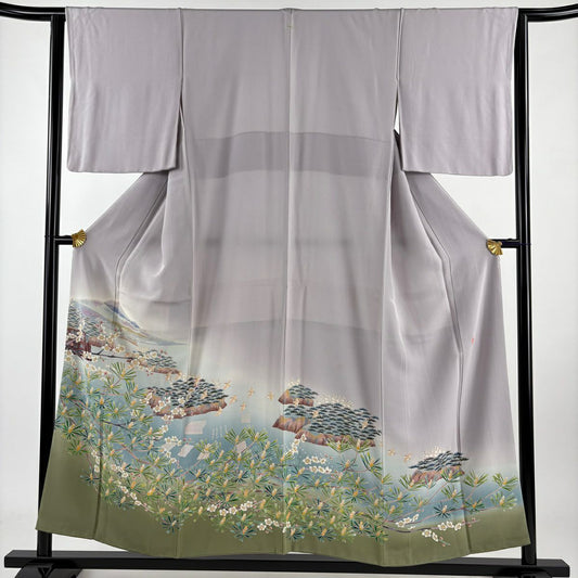 【庫存清倉】 留袖禮服禮服 身長155cm 袖長63.5cm S 雙層 落款 松樹梅花 遠山 染分 逐漸變色 淡紫 純蠶絲 美品 秀品級 一個紋