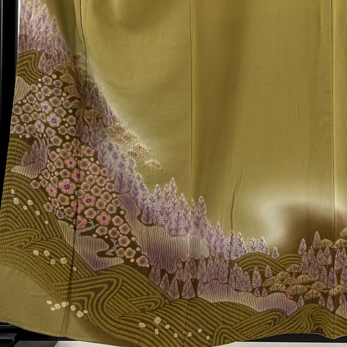 【庫存清倉】訪問服 身長159.5cm 袖長63.5cm S 雙層 滝泰 有落款 樹木 花 絞染 金彩裝飾 鶯 純蠶絲 優品級