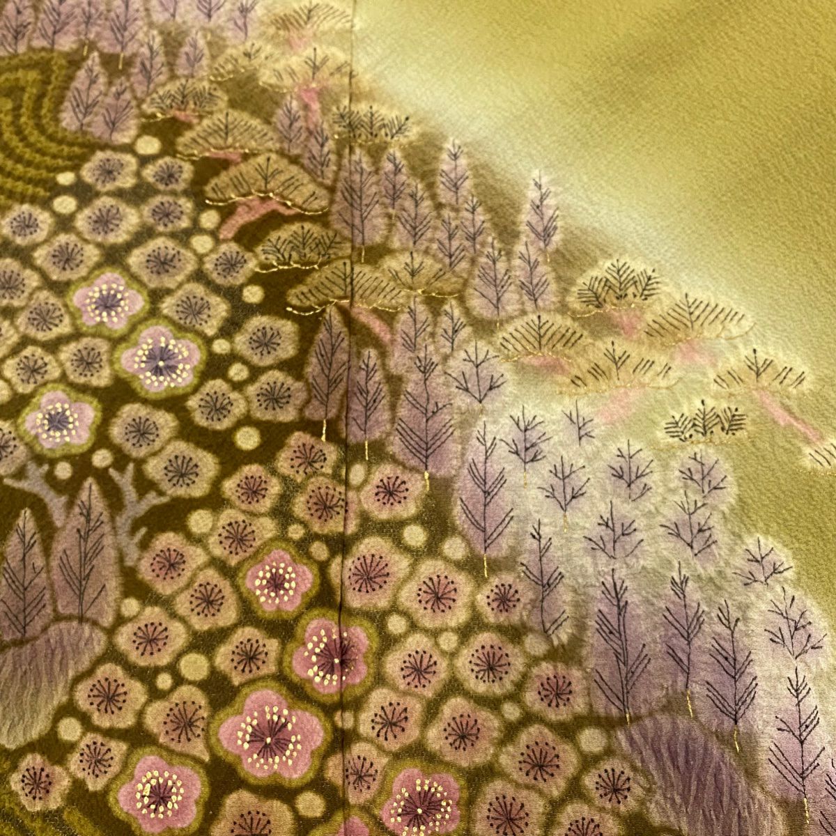 【庫存清倉】訪問服 身長159.5cm 袖長63.5cm S 雙層 滝泰 有落款 樹木 花 絞染 金彩裝飾 鶯 純蠶絲 優品級