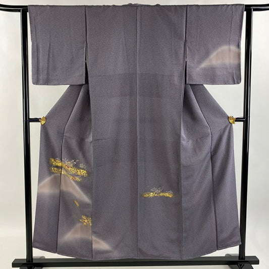 【庫存清倉】 付下 身長153.5cm 袖長62.5cm S 雙層 草花紋紋 霞 金銀彩 金金箔 灰紫 純蠶絲 優品級