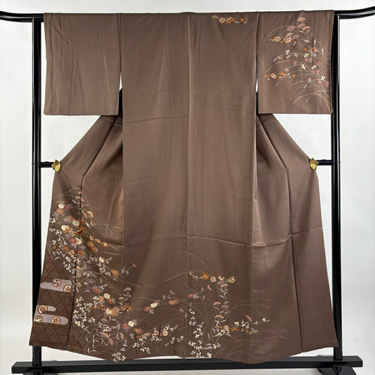 訪問服 身長153cm 袖長63.5cm S 雙層 寶盡くし 秋草 金銀彩 焦茶 純蠶絲 秀品級