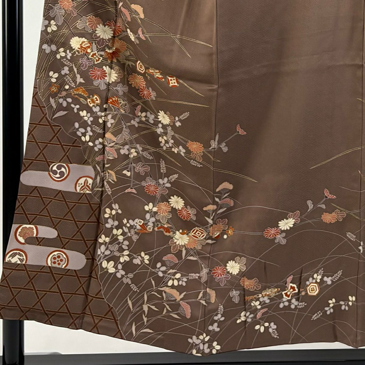 訪問服 身長153cm 袖長63.5cm S 雙層 寶盡くし 秋草 金銀彩 焦茶 純蠶絲 秀品級