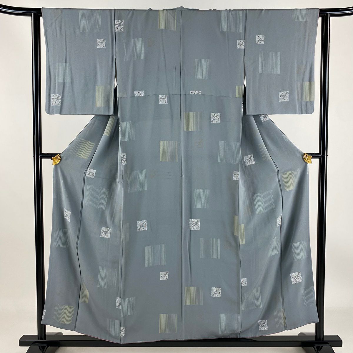 【庫存清倉】 小紋 身長155.5cm 袖長62.5cm S 雙層 幾何學圖案 金彩裝飾 灰 純蠶絲 優品級