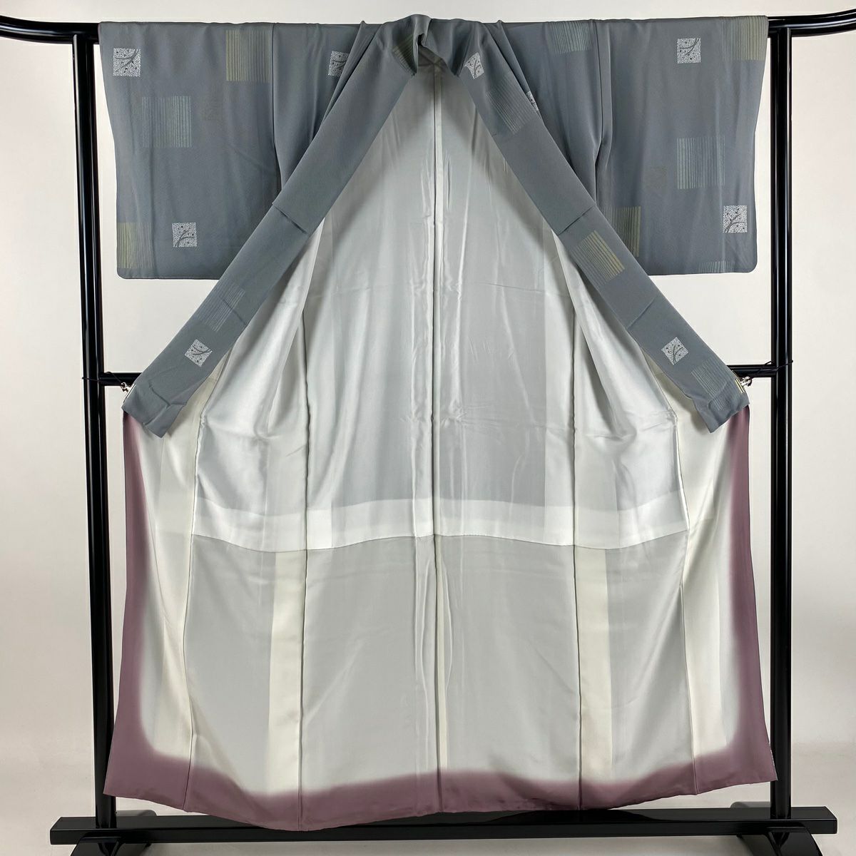 【庫存清倉】 小紋 身長155.5cm 袖長62.5cm S 雙層 幾何學圖案 金彩裝飾 灰 純蠶絲 優品級