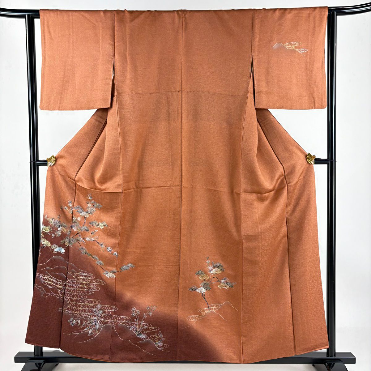 【庫存清倉】 付下 身長157cm 袖長62.5cm S 雙層 松樹 観世水 金銀彩 漸層 紅茶 純蠶絲 美品 秀品級