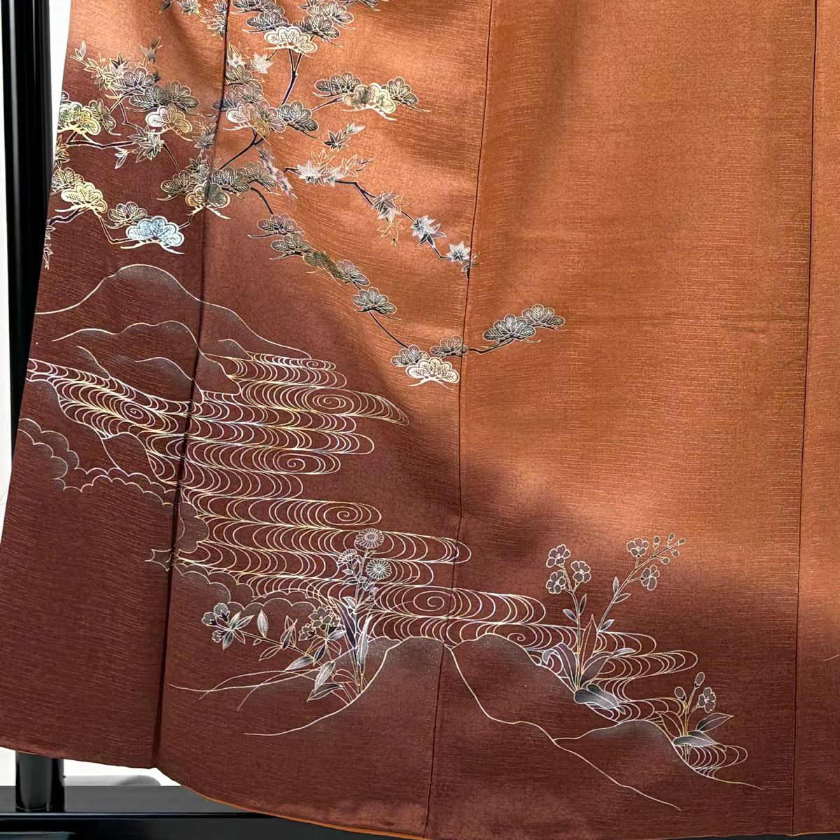 【庫存清倉】 付下 身長157cm 袖長62.5cm S 雙層 松樹 観世水 金銀彩 漸層 紅茶 純蠶絲 美品 秀品級