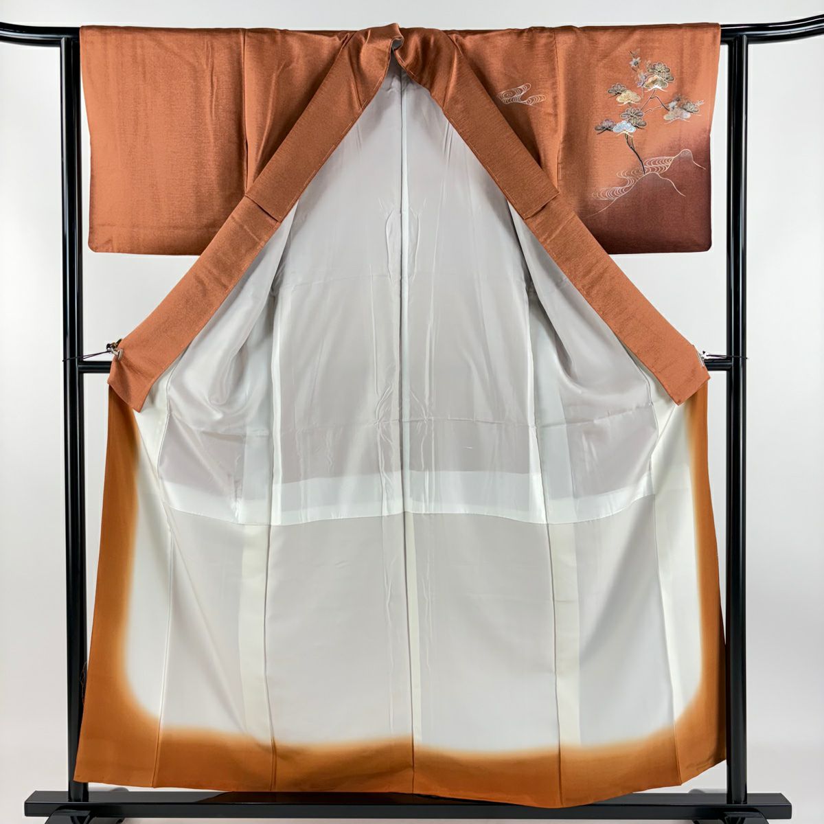 【庫存清倉】 付下 身長157cm 袖長62.5cm S 雙層 松樹 観世水 金銀彩 漸層 紅茶 純蠶絲 美品 秀品級