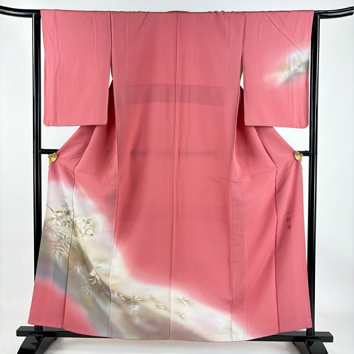 【庫存清倉】訪問服 身長158cm 袖長64cm M 雙層 草野一騎 有落款 枝花 漸層 粉紅 純蠶絲 優品級