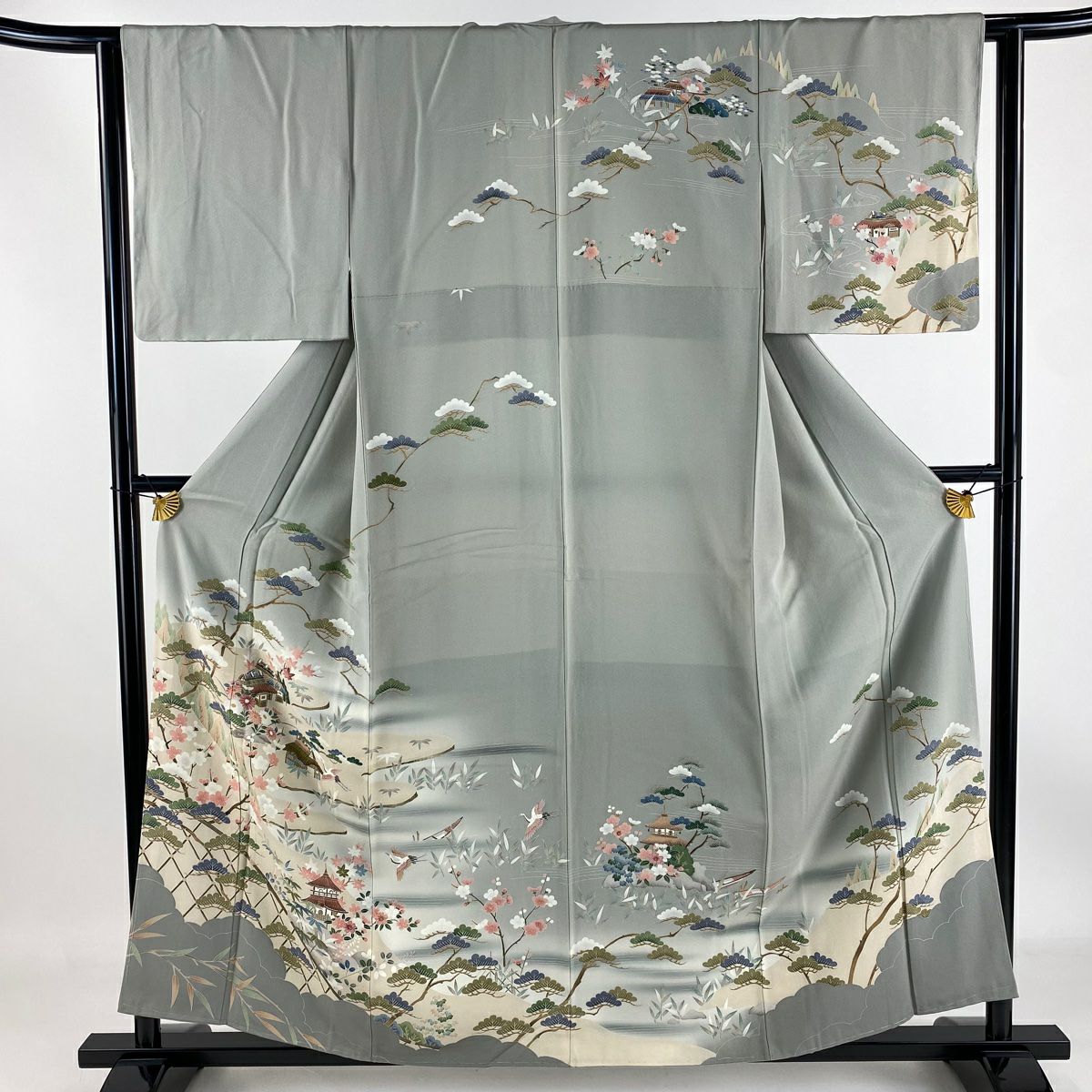 【庫存清倉】訪問服 身長157.5cm 袖長61cm S 雙層 松樹竹子梅花 家屋 漸層 灰色 純蠶絲 優品級