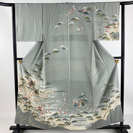 【庫存清倉】訪問服 身長157.5cm 袖長61cm S 雙層 松樹竹子梅花 家屋 漸層 灰色 純蠶絲 優品級