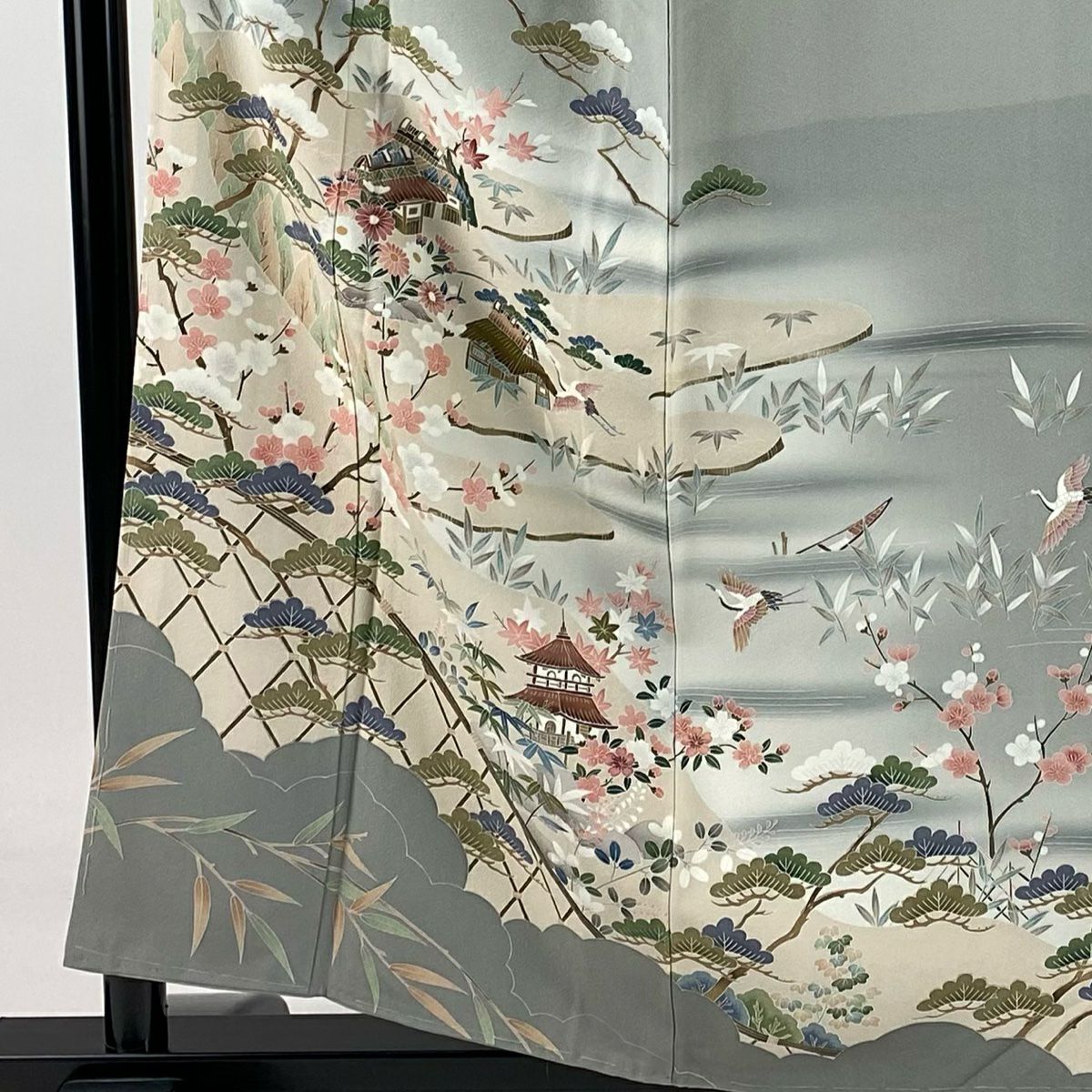 【庫存清倉】訪問服 身長157.5cm 袖長61cm S 雙層 松樹竹子梅花 家屋 漸層 灰色 純蠶絲 優品級