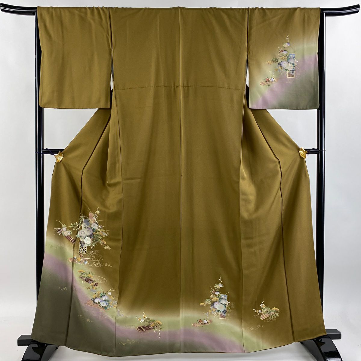 【庫存清倉】 付下 身長162.5cm 袖長66cm M 雙層 短冊 花筏 金銀彩 漸層 山吹茶 純蠶絲 優品級