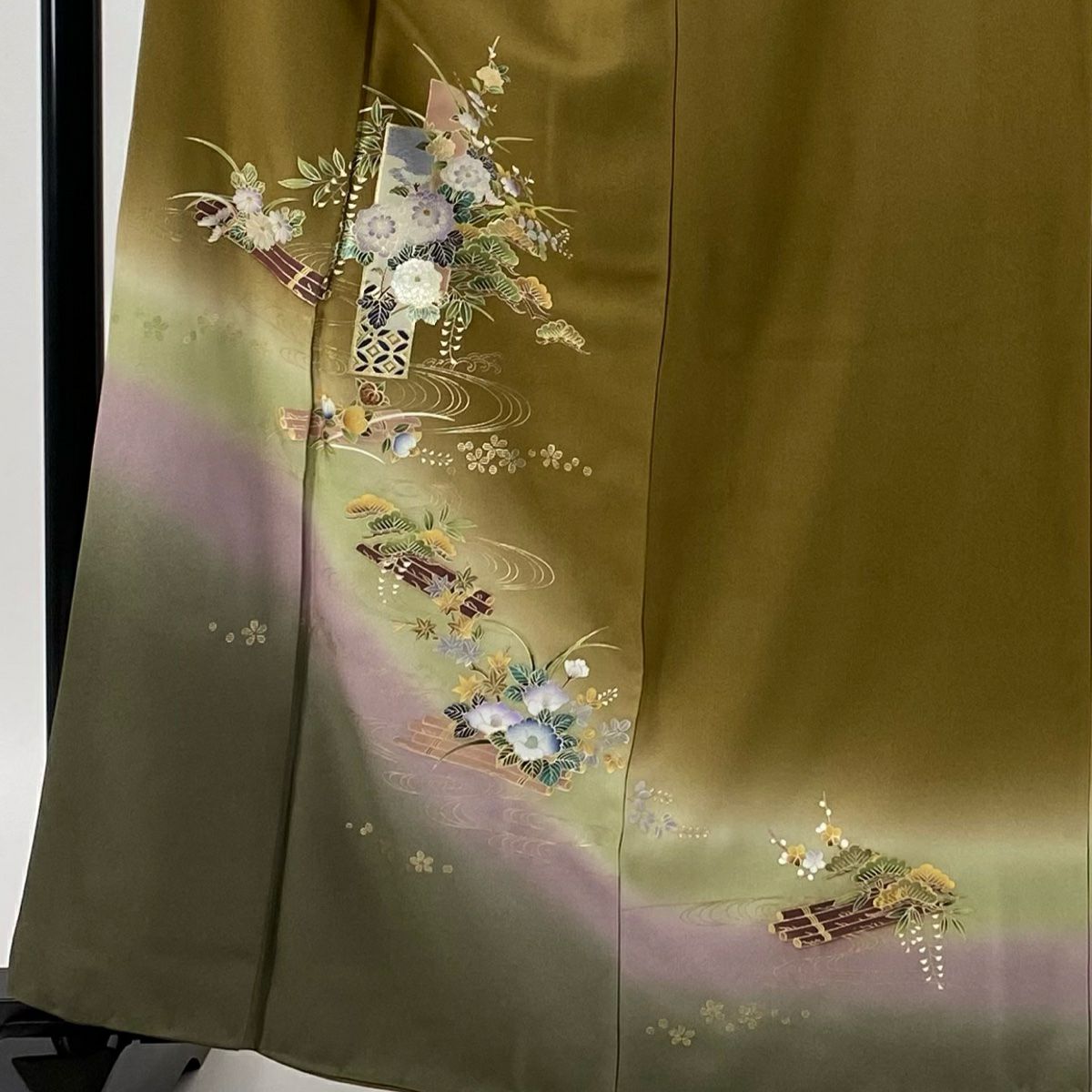 【庫存清倉】 付下 身長162.5cm 袖長66cm M 雙層 短冊 花筏 金銀彩 漸層 山吹茶 純蠶絲 優品級