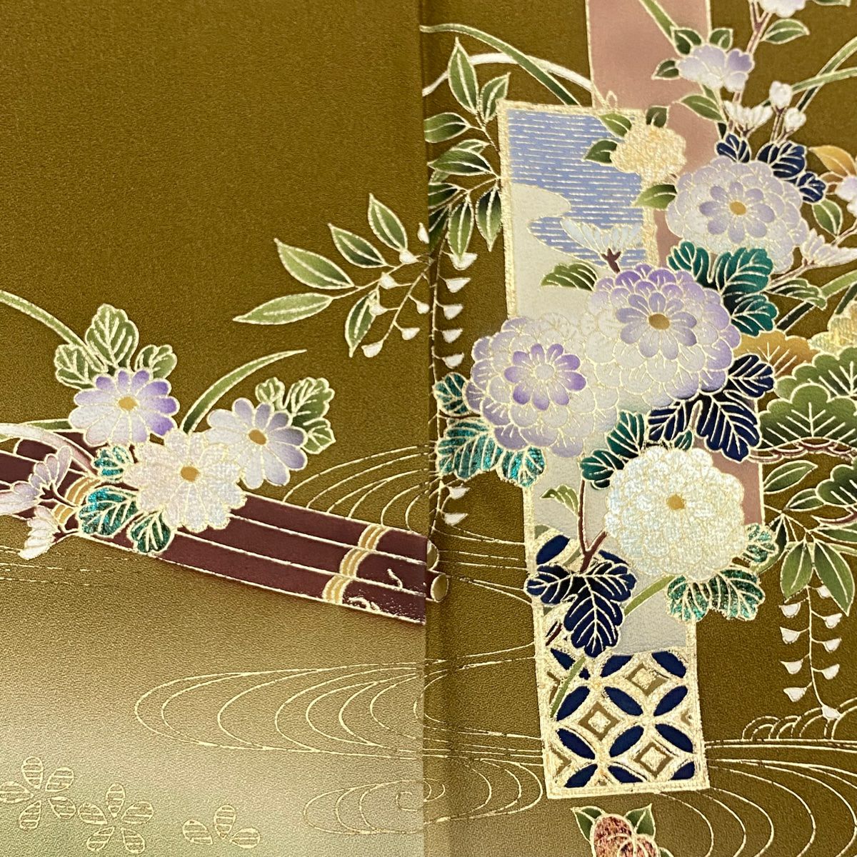【庫存清倉】 付下 身長162.5cm 袖長66cm M 雙層 短冊 花筏 金銀彩 漸層 山吹茶 純蠶絲 優品級