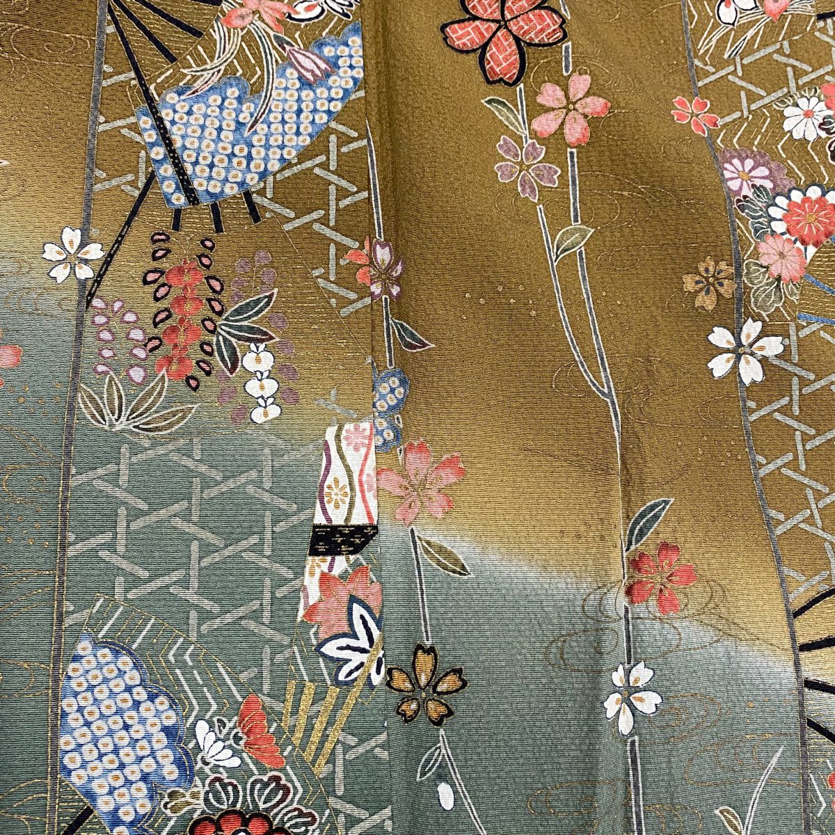 【庫存清倉】 付下 身長160.5cm 袖長66cm M 雙層 扇子 草花紋紋 金彩裝飾 染分 茶 純蠶絲 優品級