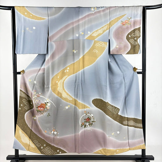 【庫存清倉】訪問服 身長152.5cm 袖長63.5cm S 雙層 牡丹 霞 金銀彩 漸層 青灰 純蠶絲 優品級 一個紋