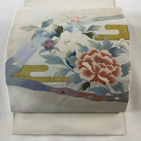 【庫存清倉】 名古屋帶 優品級 八寸名古屋帶 松樹葉仕立 牡丹 ヱ霞 金絲 金金箔 灰白 純蠶絲
