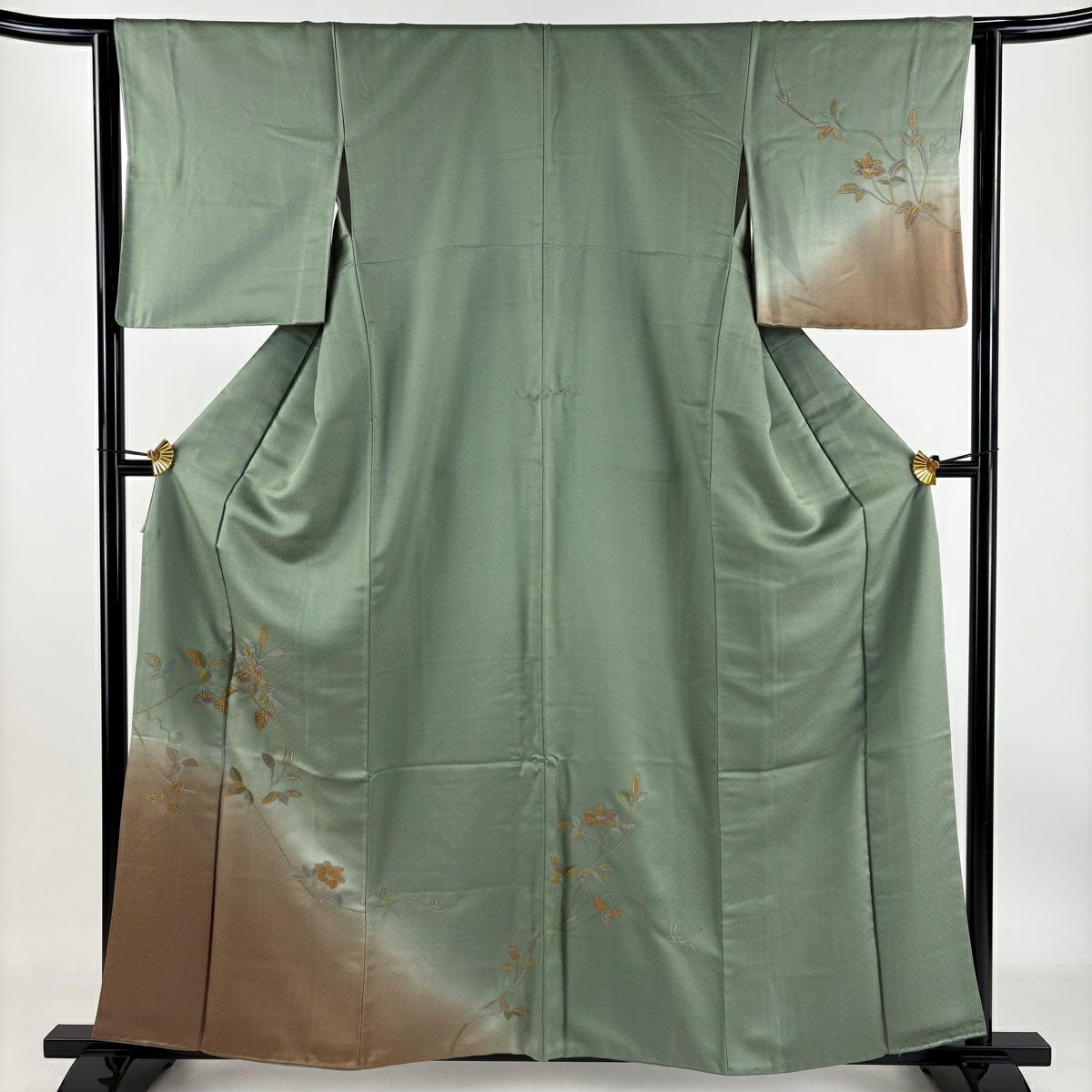 【庫存清倉】 付下 身長159.5cm 袖長64cm M 雙層 枝花刺繡 染分 灰綠 純蠶絲 名品級