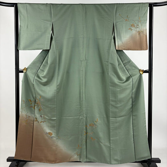 【庫存清倉】 付下 身長159.5cm 袖長64cm M 雙層 枝花刺繡 染分 灰綠 純蠶絲 名品級