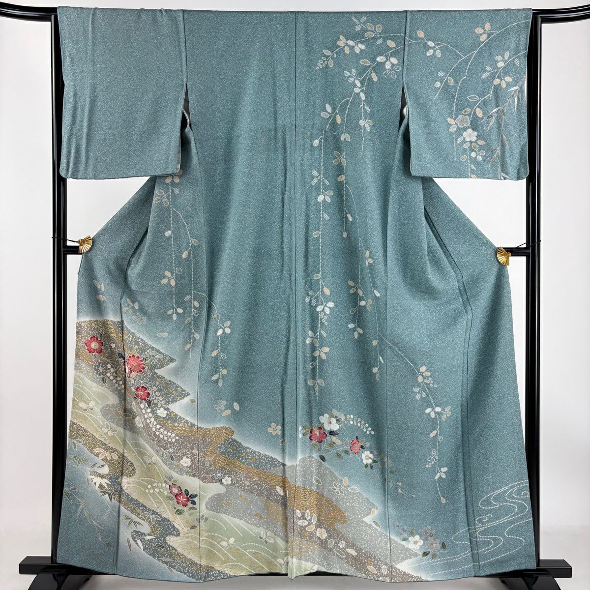 【庫存清倉】訪問服 身長160cm 袖長65cm M 雙層 蝶 草花紋 金彩裝飾 漸層 青綠 純蠶絲 名品級