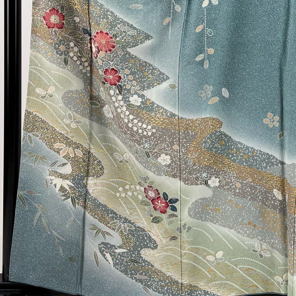【庫存清倉】訪問服 身長160cm 袖長65cm M 雙層 蝶 草花紋 金彩裝飾 漸層 青綠 純蠶絲 名品級