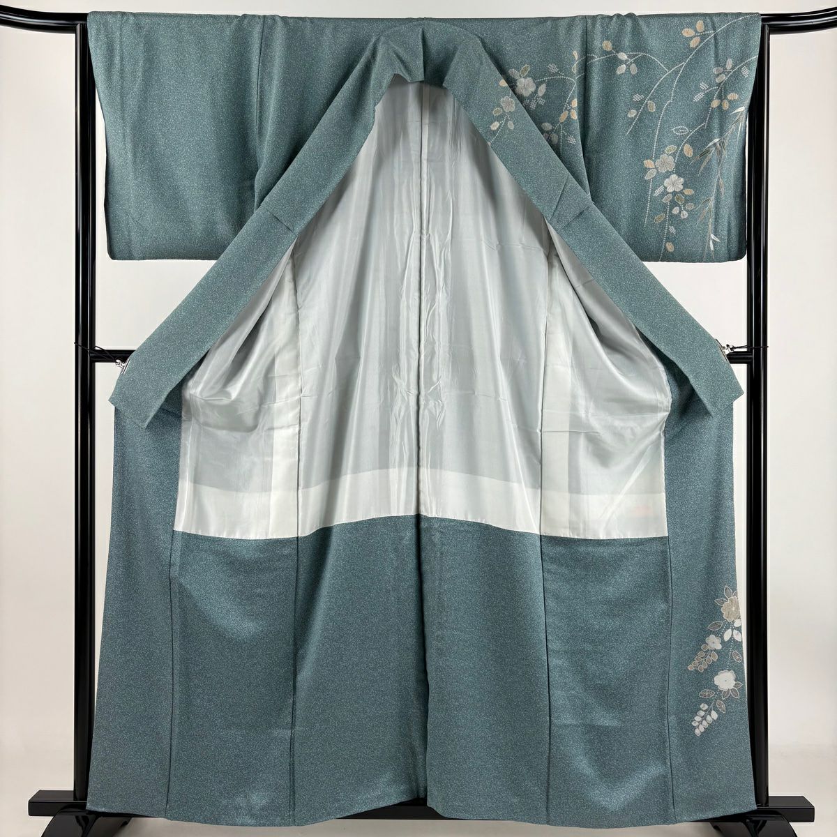 【庫存清倉】訪問服 身長160cm 袖長65cm M 雙層 蝶 草花紋 金彩裝飾 漸層 青綠 純蠶絲 名品級
