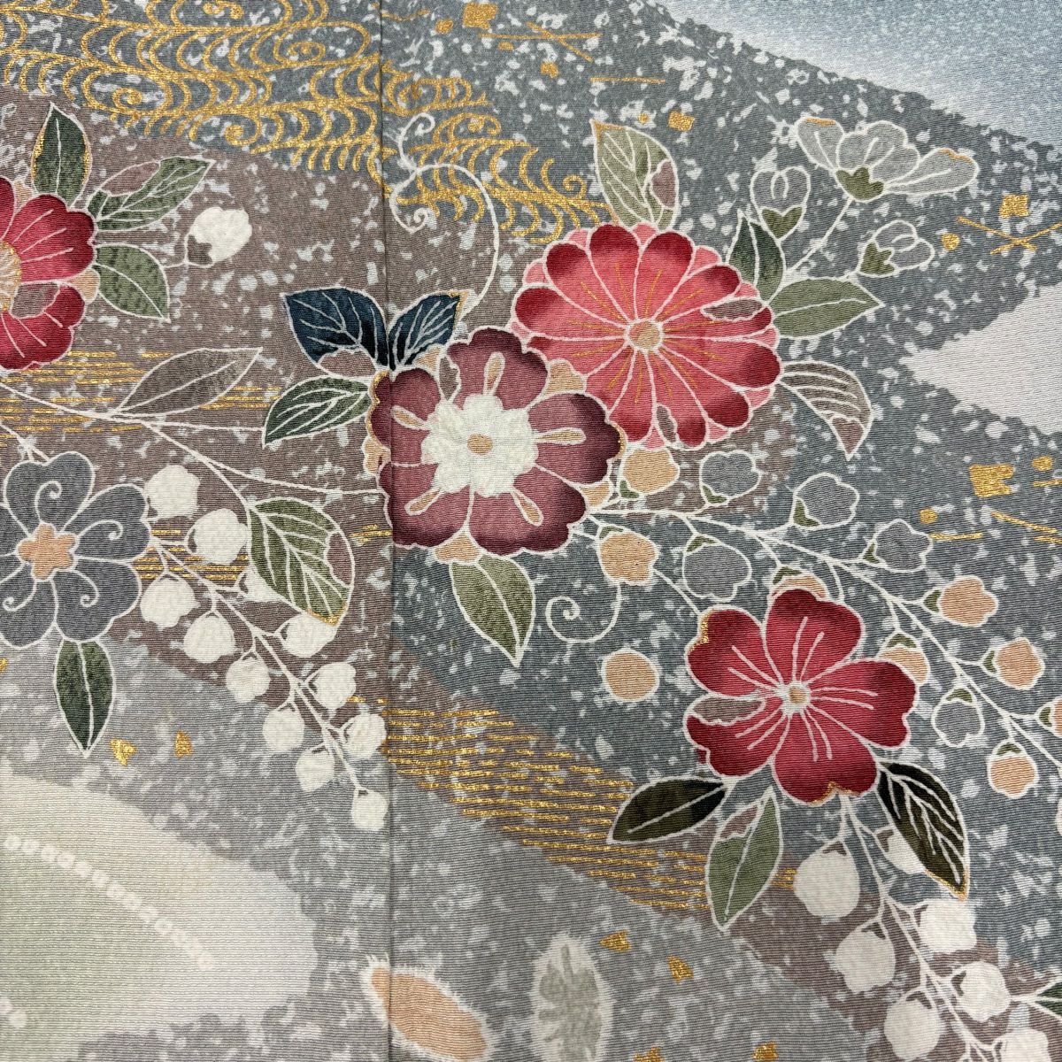 【庫存清倉】訪問服 身長160cm 袖長65cm M 雙層 蝶 草花紋 金彩裝飾 漸層 青綠 純蠶絲 名品級